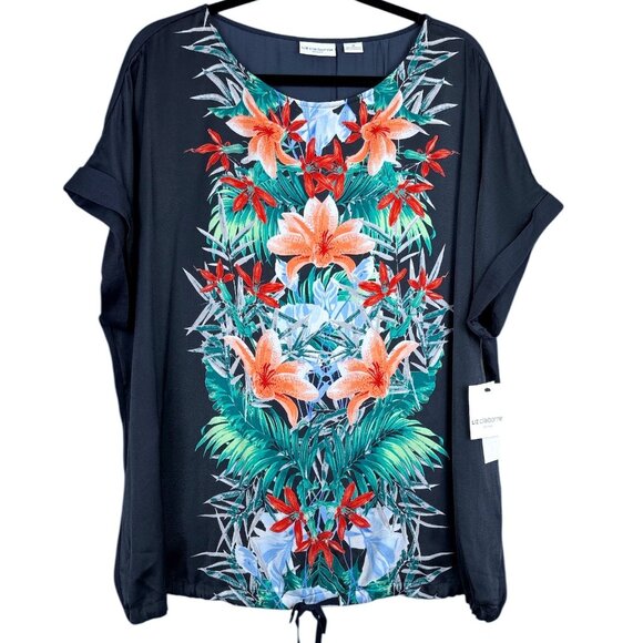 Liz Claiborne Tropical Heat Top Women’s 1X Navy Multi NWT Floral Drawstring Hem - Picture 1 of 14